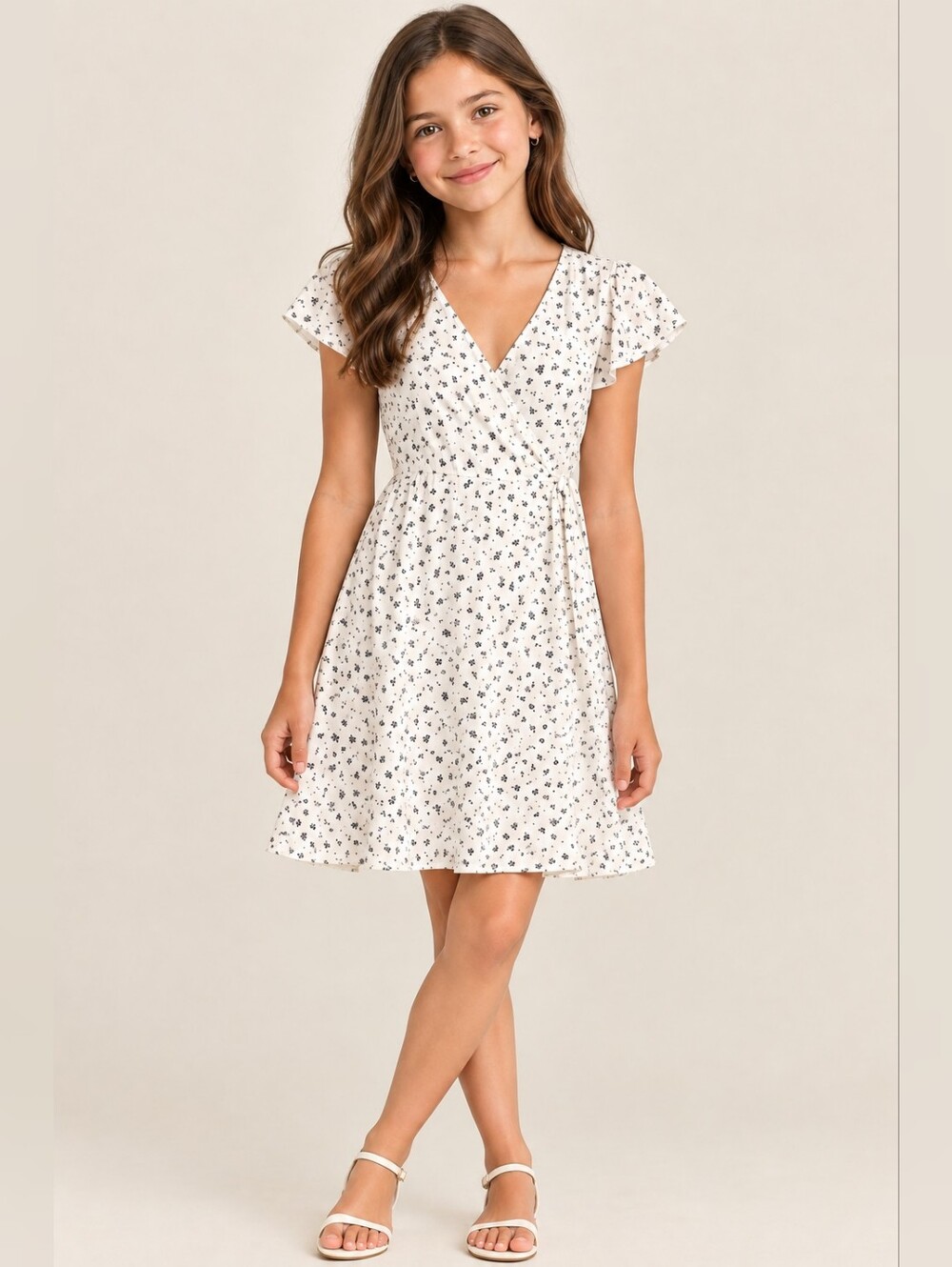 H&M Girls White Blue Floral Wrap Dress Sz US 12 Flutter Sleeves Feminine